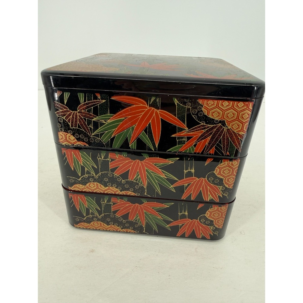 Vintage Bento‎ Box Made in Japan black red & gold lacquer ware 3 stacking boxes